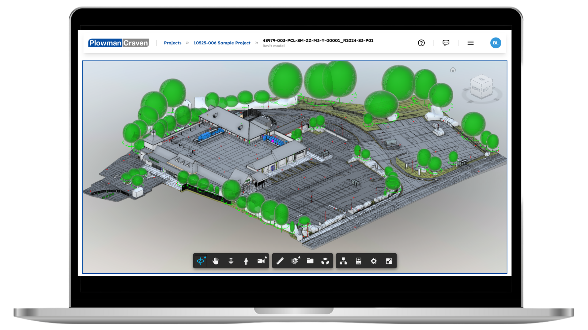 Laptop screen showing a Revit model of an estate on Easl.