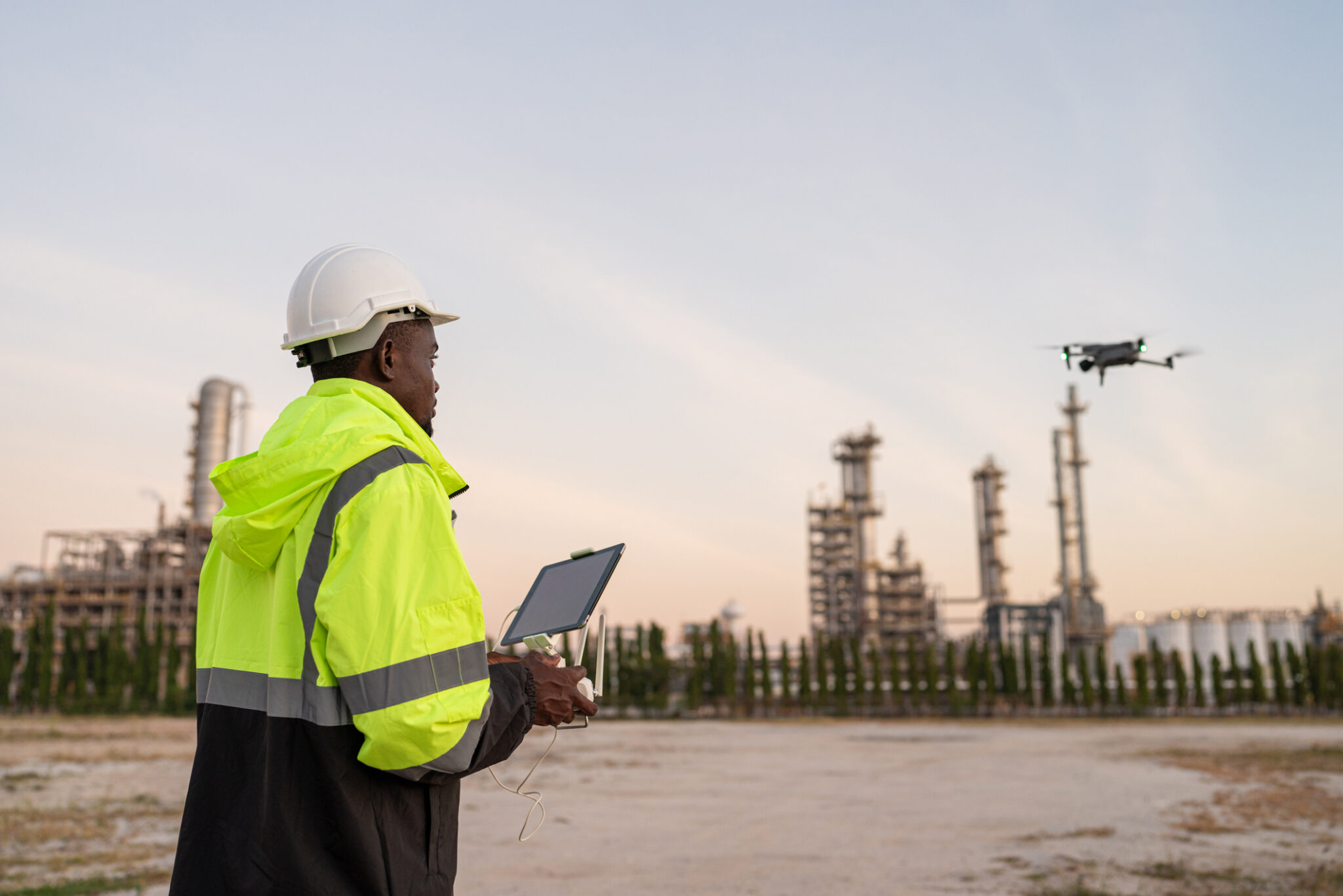 Team of Engineer Specialists Pilot Drone on Construction Site. Architectural Engineer and Safety Engineering Inspector Fly Drone at industrial plant.